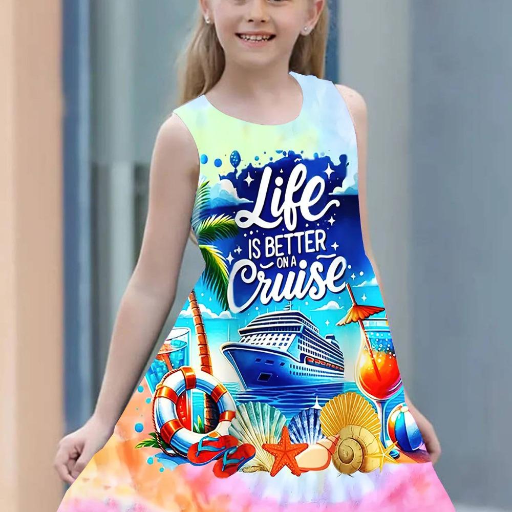 Robe débardeur sans manches à col rond pour fille Style sirène mignonne et élégante Motif d'impression numérique 3D Robe d'été polyvalente mini pour enfant