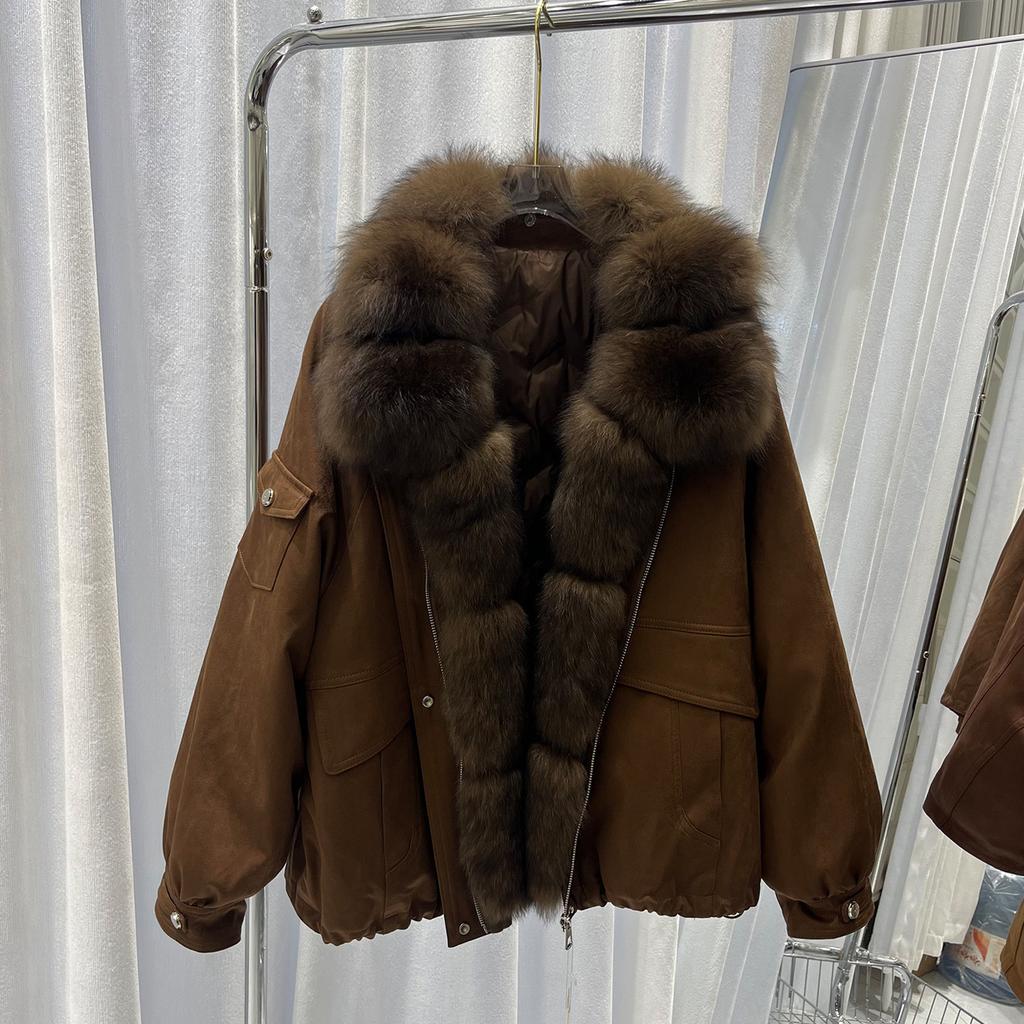 Winter new fox big fur collar suede down jacket women's short fashion casual loose thickened coat