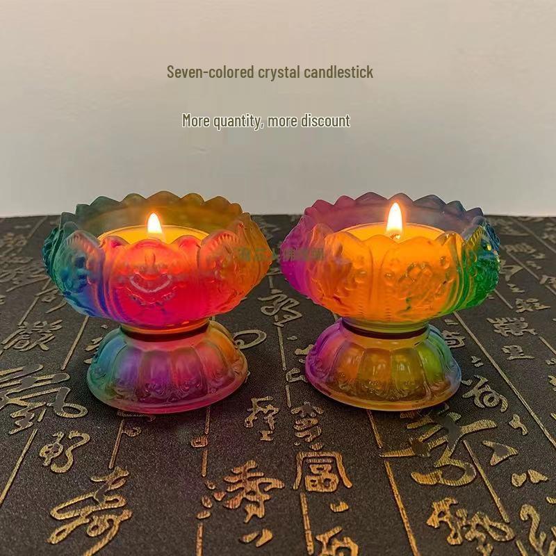 Siebenfarbig glasierter Lotus-Butterlampenhalter mit acht Glückssymbolen - Buddhistisches Kerzenständer-Ornament für Zuhause