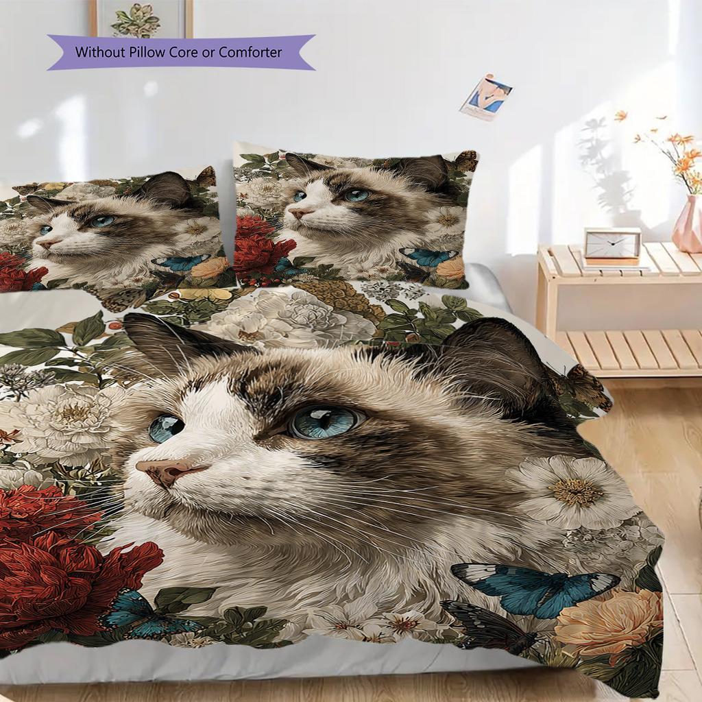 Maine Coon Pattern Bedding Quilt Set Quilt Cover Pillowcase Home Decoration Birthday Gift (1 * Duvet Cover + 2 * Pillowcase, Without Core)