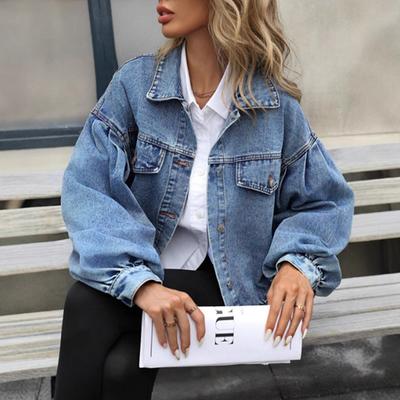 Herbst Vintage Laternenärmel Denimjacke Damen Lässige Streetwear Einreihig Locker Kurz Jean Jacken
