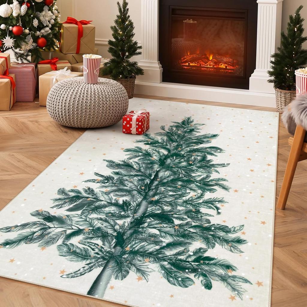 Christmas Rug Washable Area Rugs Red Room Rugs for Bedroom Non-Slip Living Room Carpet Christmas Tree Carpet Rugs for Kitchen