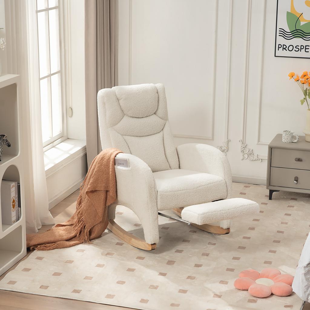 052 Rocking Chair, Recliner, Living Room Chair with Armrest, Upholstered, Accent Chair for Bedroom, White Teddy Fabric, 110 Kg Load Capacity