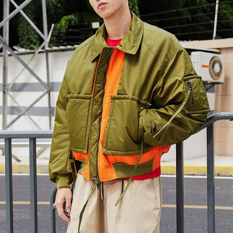 Li Ning Loose Fit Lapel Warm Cotton Jacket Men Jacket Olive-Green AJMQ739-2