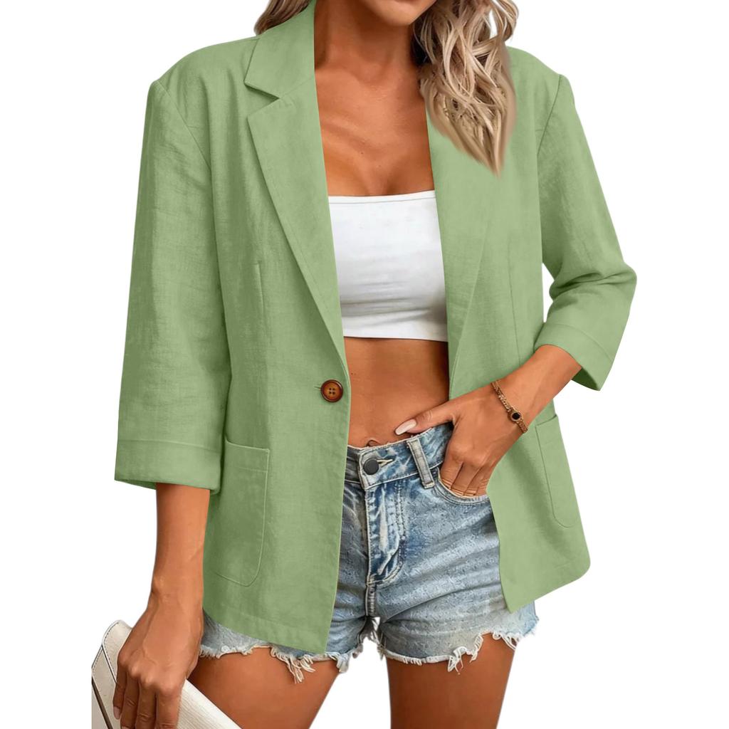 Women's Three Quarter Sleeve Blazer Lightweight Fully Lined Notched Collar Button Closure Casual Work Jacket with Pockets