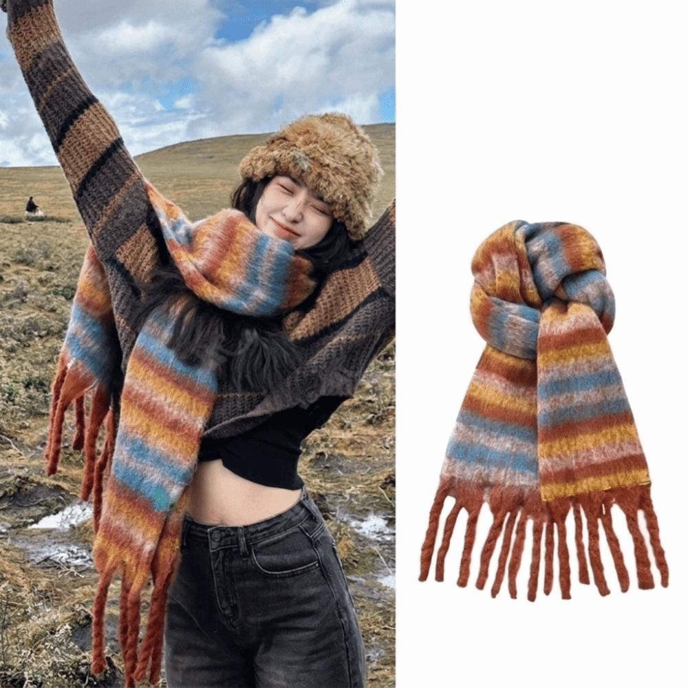 Rainbow Winter Cashmere Scarves Tassel Long Shawl Sweet Stripe Wool Scarf  Student