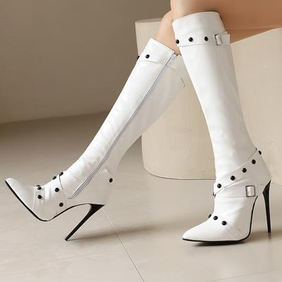 Fashion Women's Knee High Boots Sexy Point Toe Autumn Winter Shoes Black White Heeled Long Boot Ladies Party Dance Shoes Large Size 45