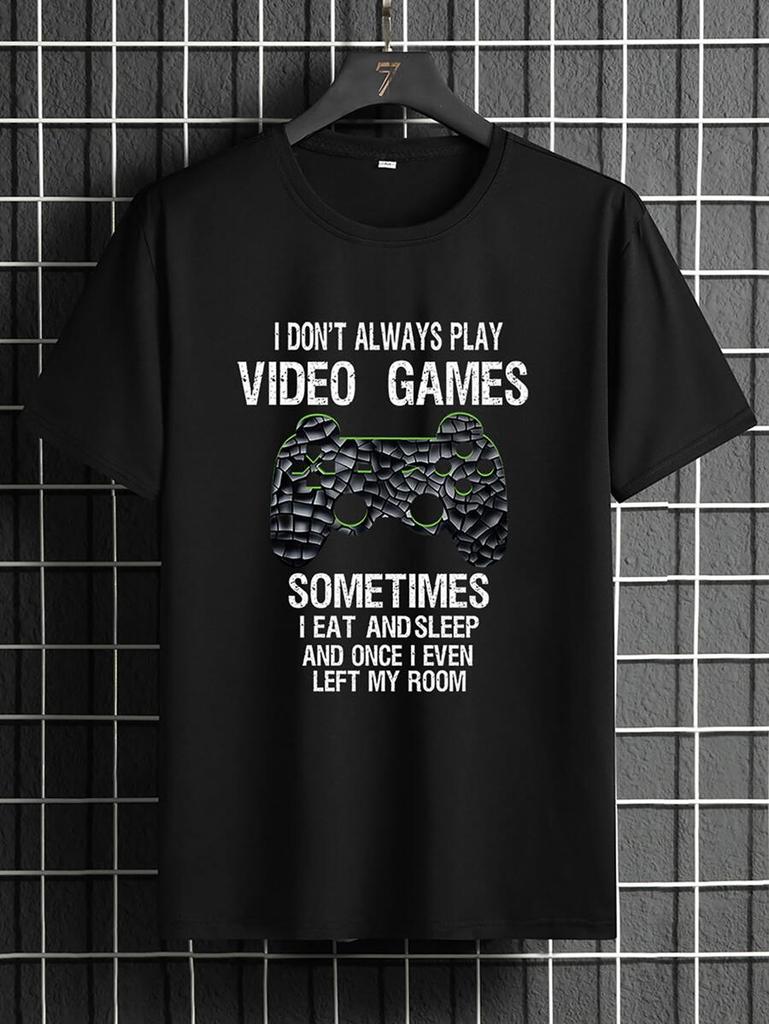 Manfinity Homme Unisex Casual Short-sleeved T-shirt with Letter Slogan and Game Controller Print.