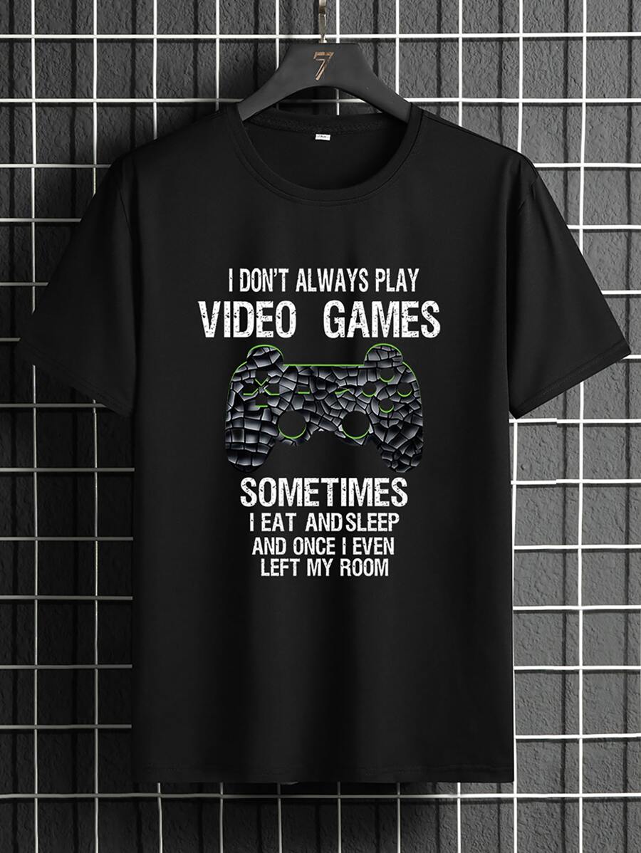 

Manfinity Homme unisex casual short-sleeved T-shirt with letter slogan and game controller print. S