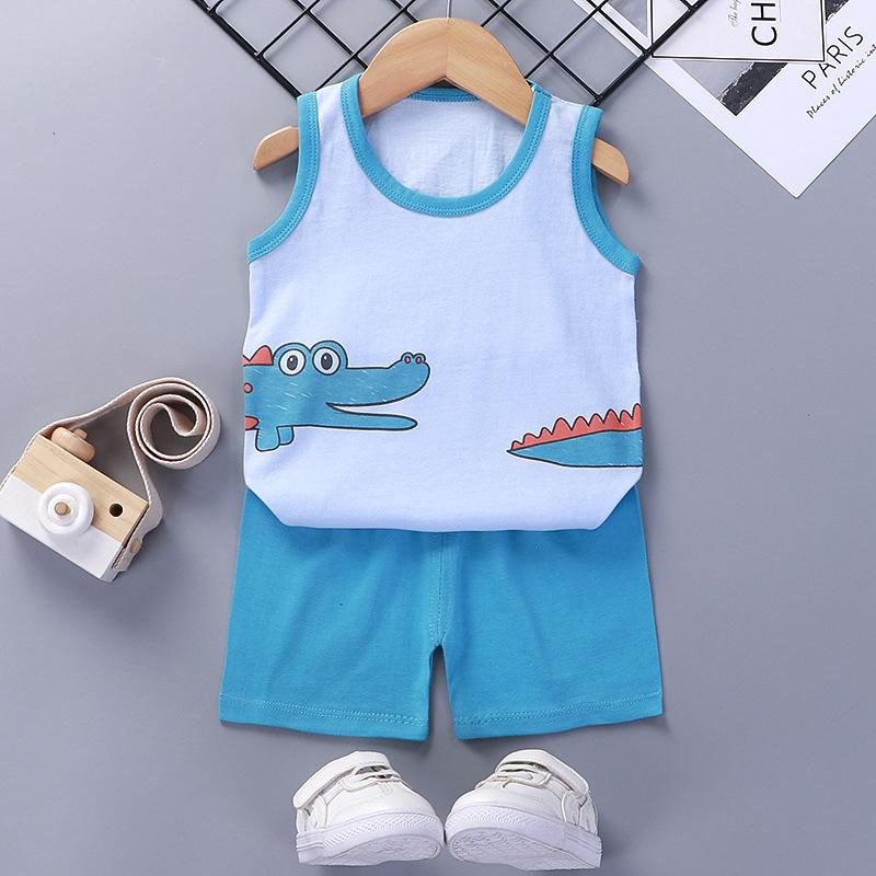 Summer Kids Non Sleeve O Neck Vest Pants Set Casual Baggy 2pcs Suit Cotton Cartoon Printes Outfit