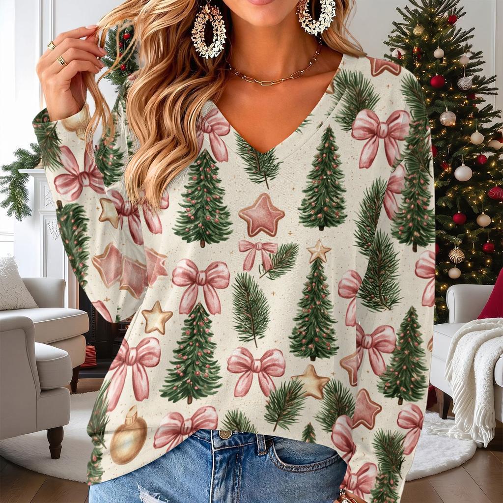 Women's V-Neck Long Sleeve Christmas Printed Lightweight Top for Spring and Summer