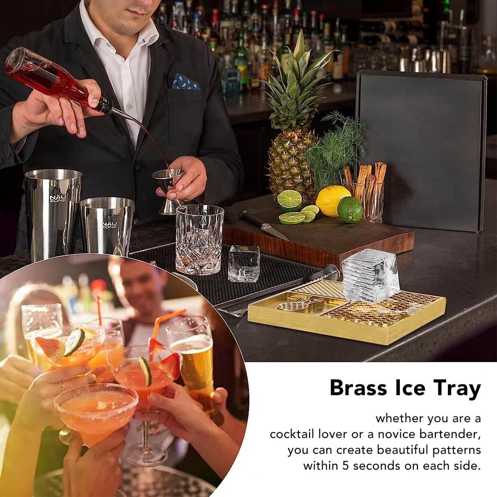 Ice Designer Tray, Craft Modern Ice Mold Cube Stamping Plate with 4 Patterns, Brass Ice Designer Ice Cube Mold Ice Stamp for Cocktails and Whiskey