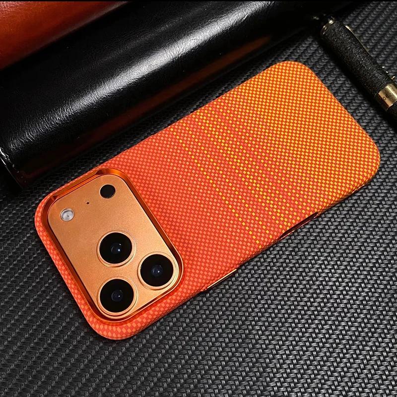 Carbon Fiber Texture Orange Case for iPhone 17 Pro Max / 17 Pro Magnetic Wireless Charging Alloy Lens Protection PC Cover