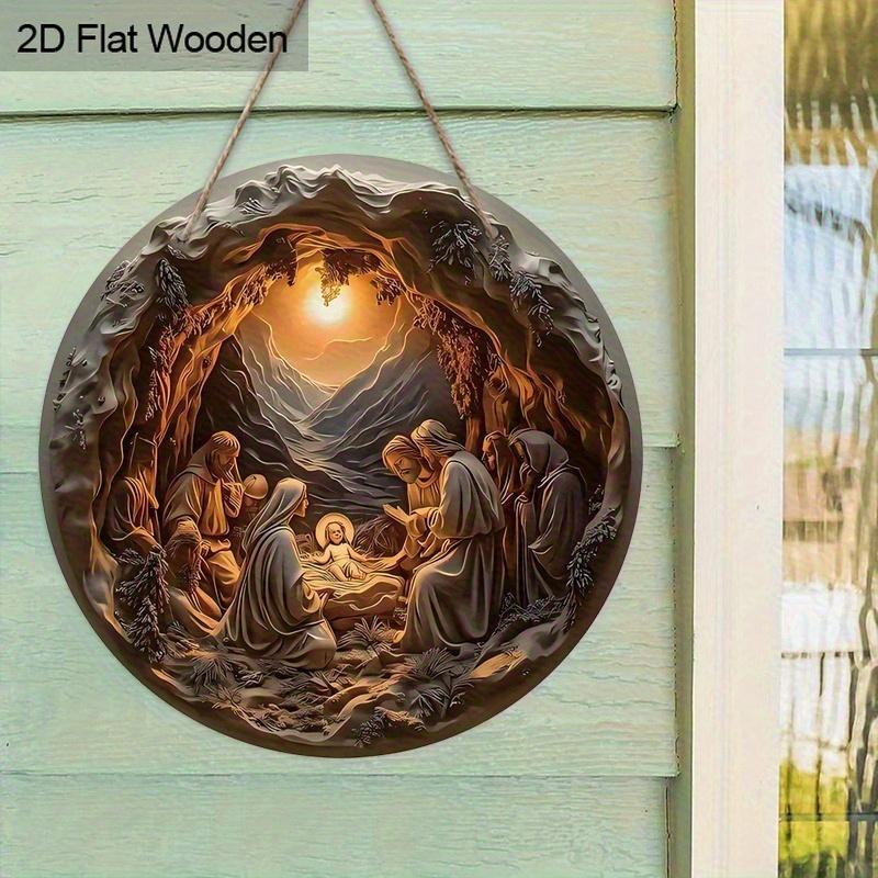 2D Flat 1pc The Birth of Jesus Hanging Sign Wall Decor, Vintage Nativity Scene Wooden Sign, Relief Effect of Guard Jesus Round Sign for Church Front