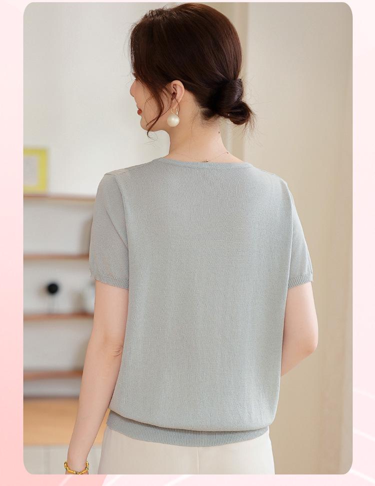 Mom's Fashionable Ice Silk Short-Sleeve Top for Middle-Aged Women