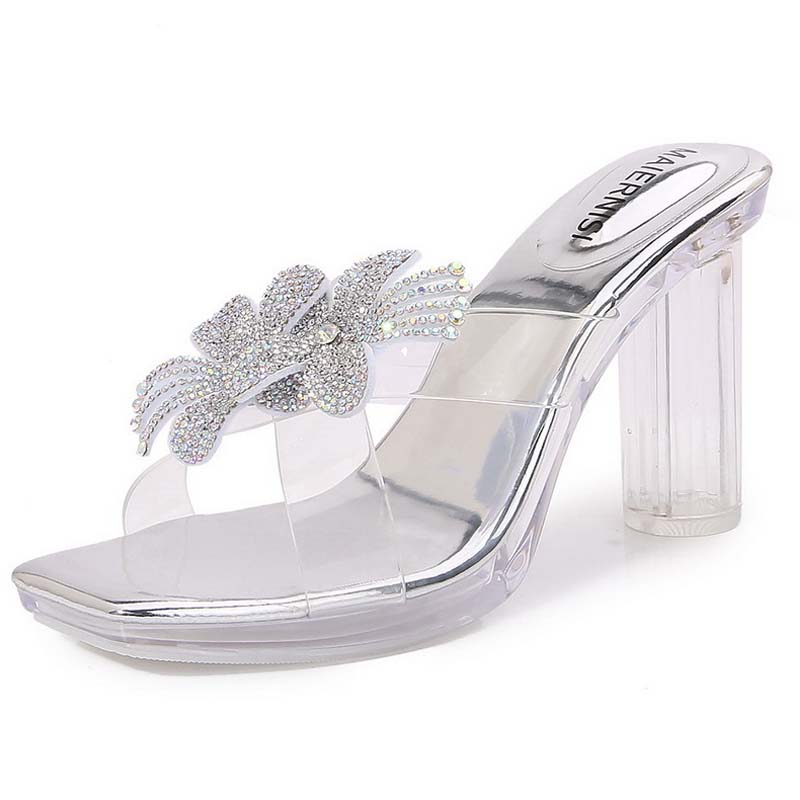 

Women Rhinestone Flower High Heel Slide Sandals Transparent Crystal Heel Sandals for Office Nightclub Party Banquet Pub Wedding 35 серебряный