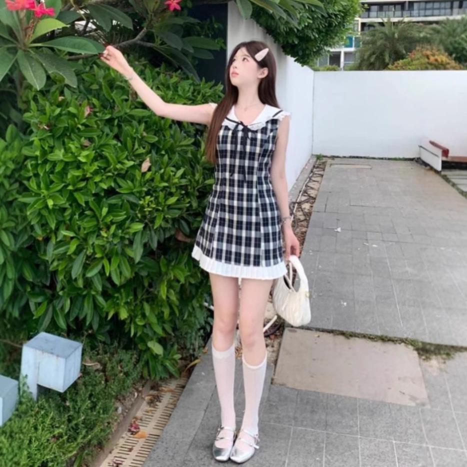 Sweet wind navy collar sleeveless lace dress women's summer new plaid age-reducing waist slim A-word skirt