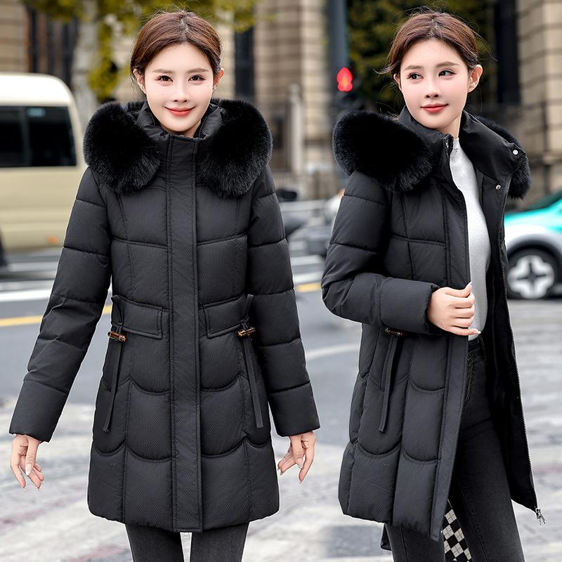 Large Fur Collar, Slim Waist, Down Cotton Jacket, Temperament and Age-reducing Mid-length Cotton Jacket