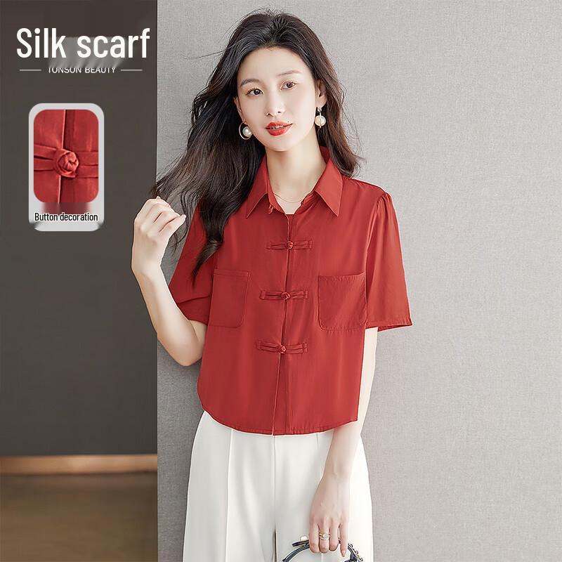 Women s New Chinese Style Retro Button Short Sleeve Loose Shirt L
