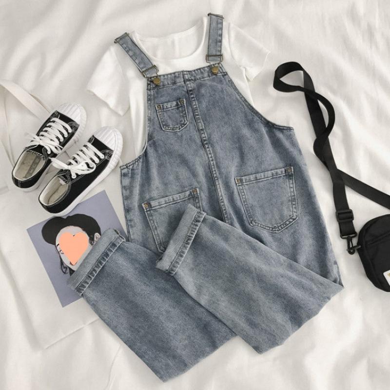 

Женский весенне-летний джинсовый комбинезон в корейском стиле с рваными деталями - Свободный крой, Укороченный комбинезон, Брюки с широкими штанинами 2XL