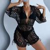 Womens 3-Piece Swimsuit Set With Long Sleeve Mesh Cover-Up High-Waisted Tie Waist Padded Bust Nylon Spandex Fabric