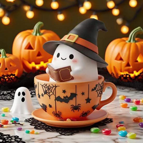 Halloween Geister Teetasse Figur Hexenhut Lesende Geister Statue Harzskulptur Heim Büro Feiertagsparty Schreibtischdekoration Ornament