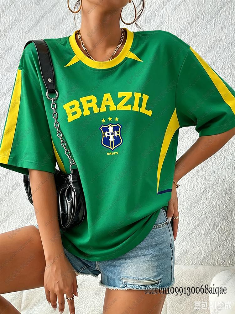 2026 Estate Nuova Maglietta Brasile Per Donne Girocollo Patchwork Manica Corta Oversize Streetwear Sportiva Maglia Calcio Y2K Top Larghi