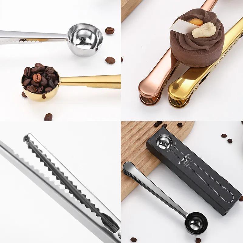 Multifunctional Coffee Scoops with Clip Powder Flour Measuring Tools Stainless Steel Bake Spoons Measure Spoons Food Sealing Clip Reusable Ya1025