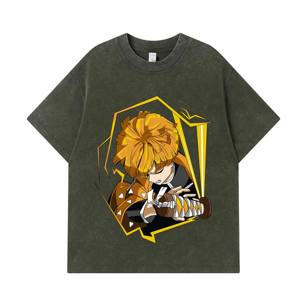 

275 GSM Washed T-shirts 100% Cotton Demon Slayer V109 Zenitsu Print Unisex Heavy Cotton T Shirt S армия зеленый