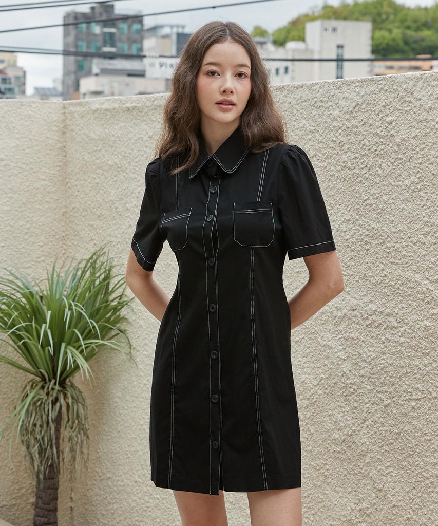 Bye Bye Seop Stitch Half Mini Dress Black [T42]
