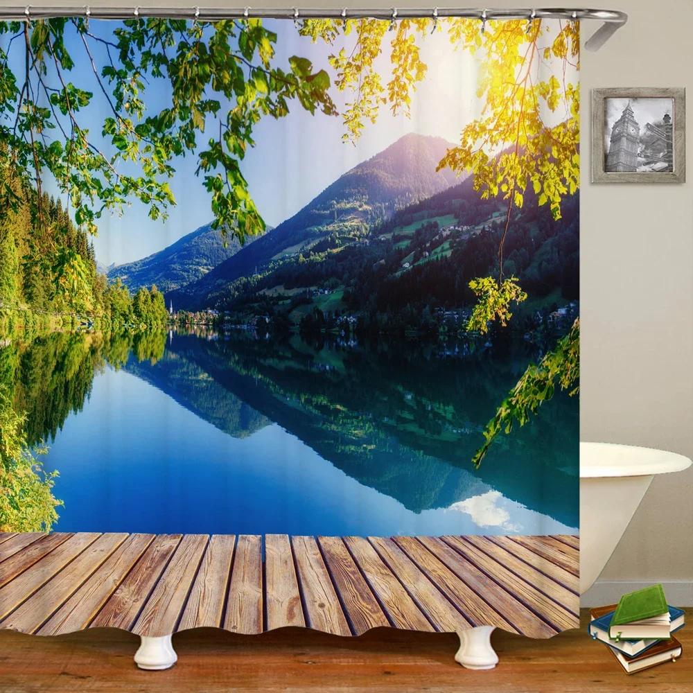 Zasłona prysznicowa z nadrukiem krajobrazu fantasy, wodoodporna zasłona prysznicowa z haczykami, dekoracyjna zasłona działowa do wanny, łazienka