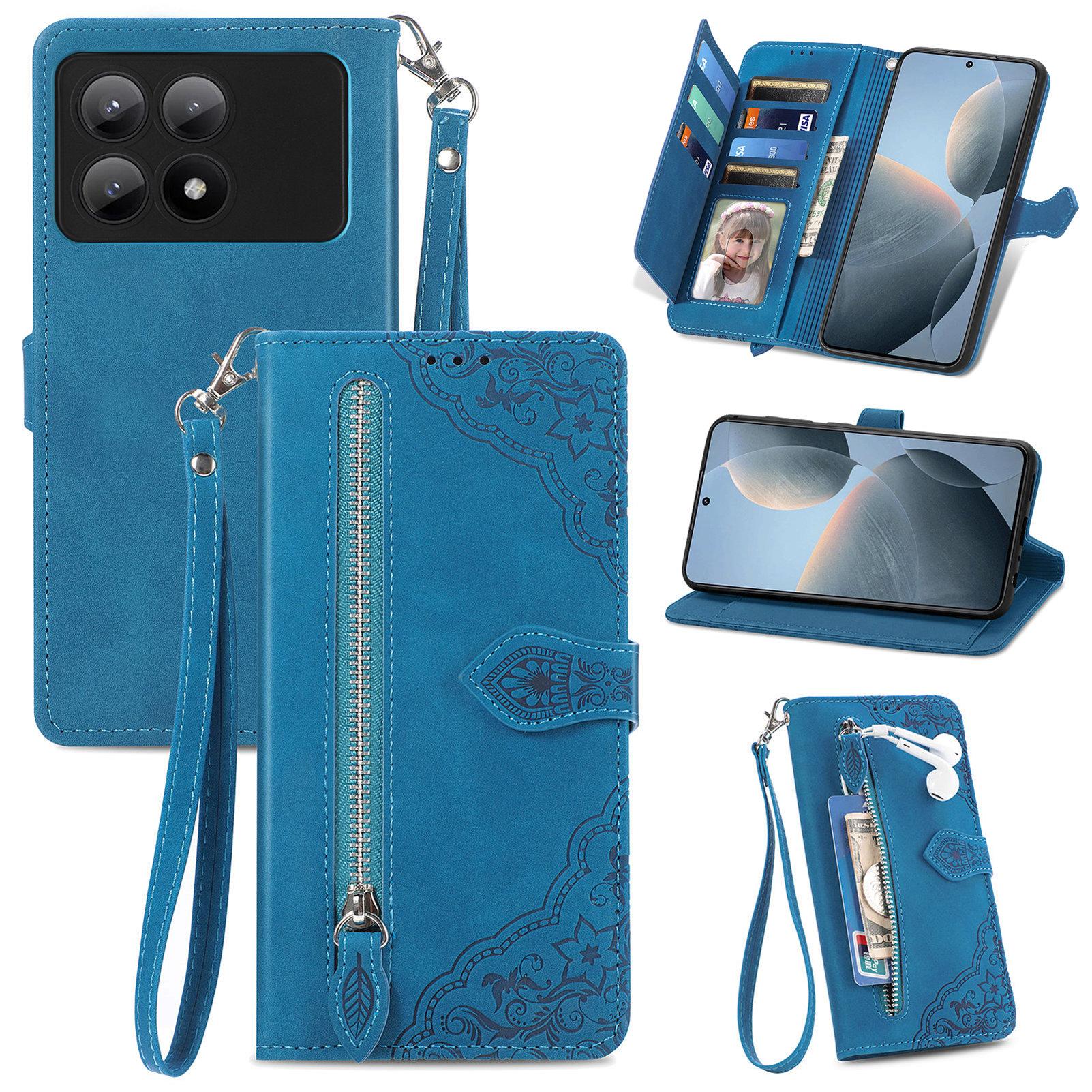 

For Xiaomi Redmi K70E 5G/Poco X6 Pro 5G Zipper Wallet Case with Strap Flower Imprint PU Leather Phone Cover Blue