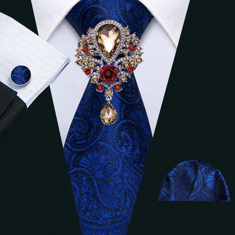Barry.Wang Cravate pentru bărbați cu broșă Paisley Jacquard Set de cravate formale din mătase