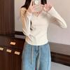 Korean POLO collar versatile long-sleeved front shoulder T-shirt women's autumn spice girl pleated waist and thin bottoming shirt top