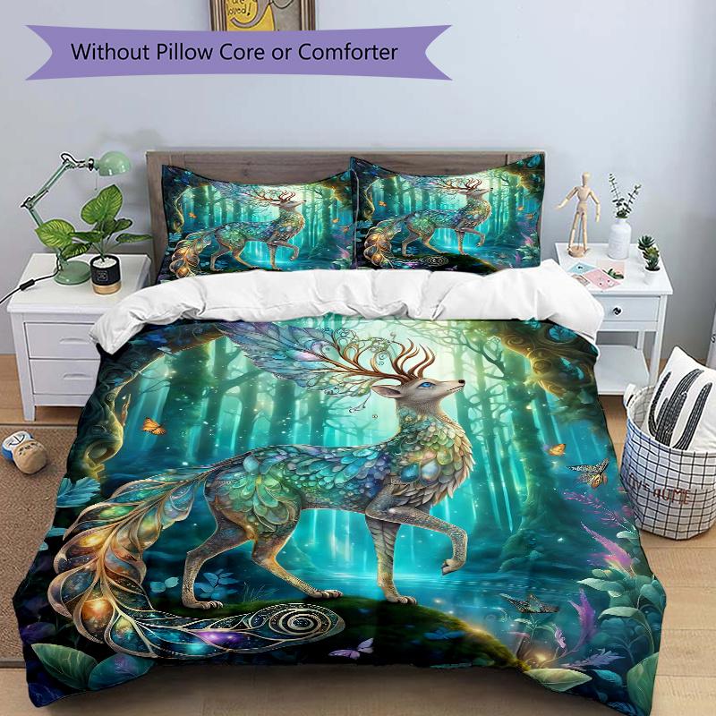 3pcs Mystical Deer with Wings and Antlers in a Luminous Woodland Setting Quilt Cover Set - Soft & Comfortable Polyester Fabric, All-Season Breath 135x200cm