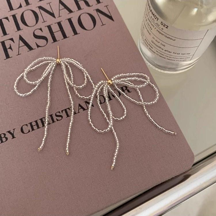 Gentle Temperament Beaded Bow Tassel Earrings - 925 Silver, Niche Design, Light Luxury, 2026 New Style