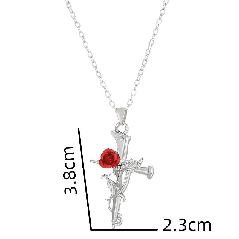Punk Gothic Red Rose Vine Cross Pendant Necklace for Women Men Vintage Rock Cool Silver Color Cross Chain Party Jewelry Gifts