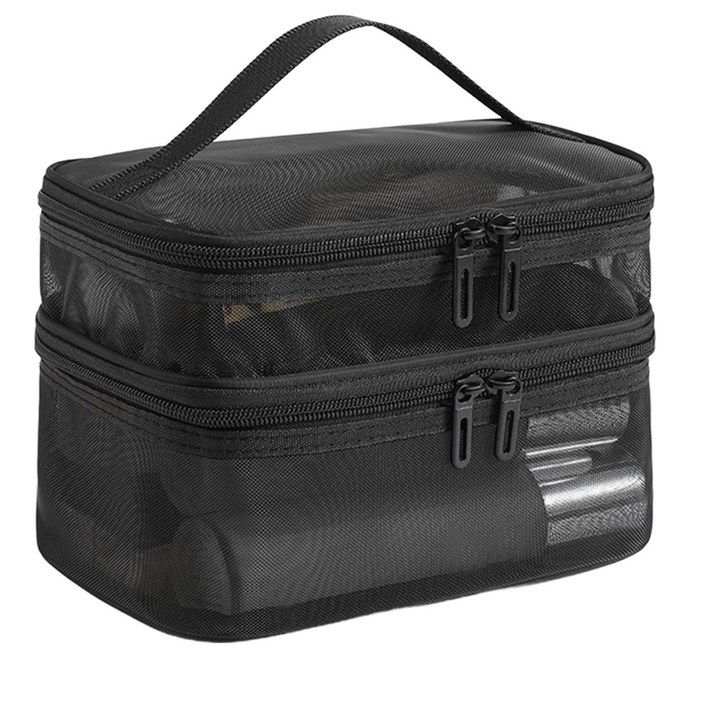 Portable Large Capacity Mesh Storage Bag 2 Layers Cosmetic Organizer Bag Transparent Folding Mesh Zipper Storage Pouch