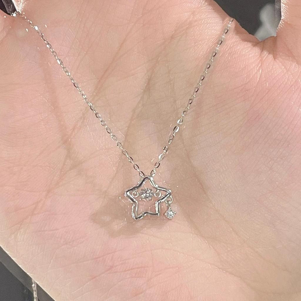 Girls Y2K Sweet Cool Star Rhinestone Necklace Geometric Silver Color Hollow Pentagram Pendant Necklace for Women