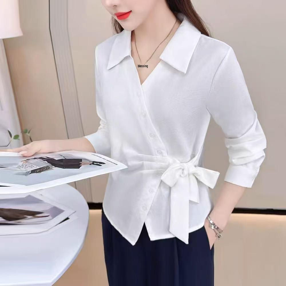 Autumn 2025 Fashion Bow Long-Sleeved Waist-Cinched Irregular Blouse