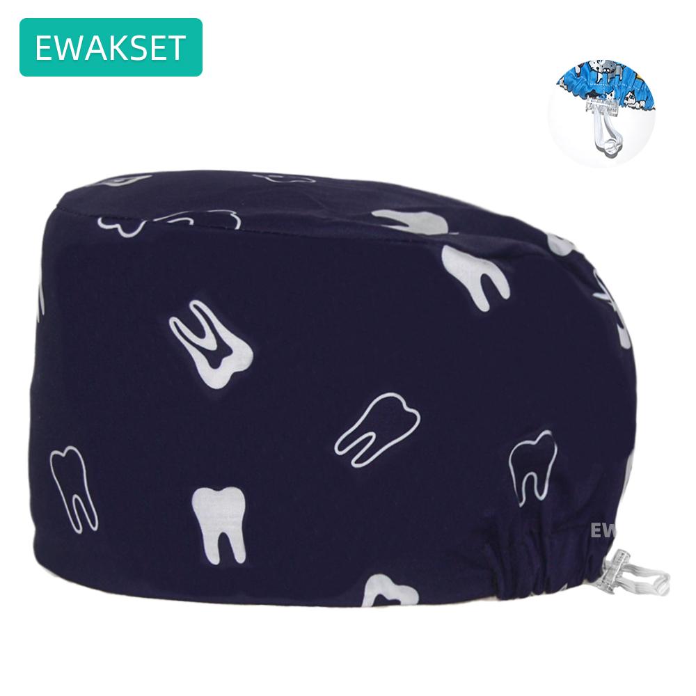 Women's Long Hair Medical Scrub Cap Dental Anesthesia Skeleton OBGYN Print Surgical Hat Adjustable Euro Style for Nurse Doctor