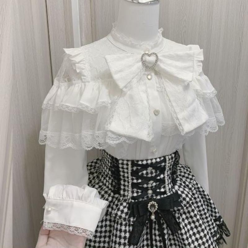 Japanese Kawaii Lolita Lace Patchwork Blouses Summer Women Harajuku Single Breasted Sweet Shirts Summer Girly JK Bow Tops Blusas