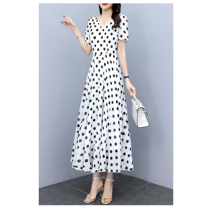 Summer new fashion temperament polka dot chiffon dress waist thin foreign style long knee dress M