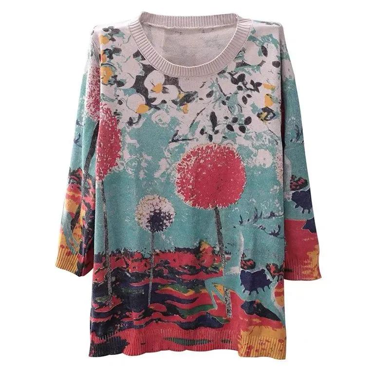 Women Spring Design Printed Knit Sweatshirt Round Neck Autumn Top