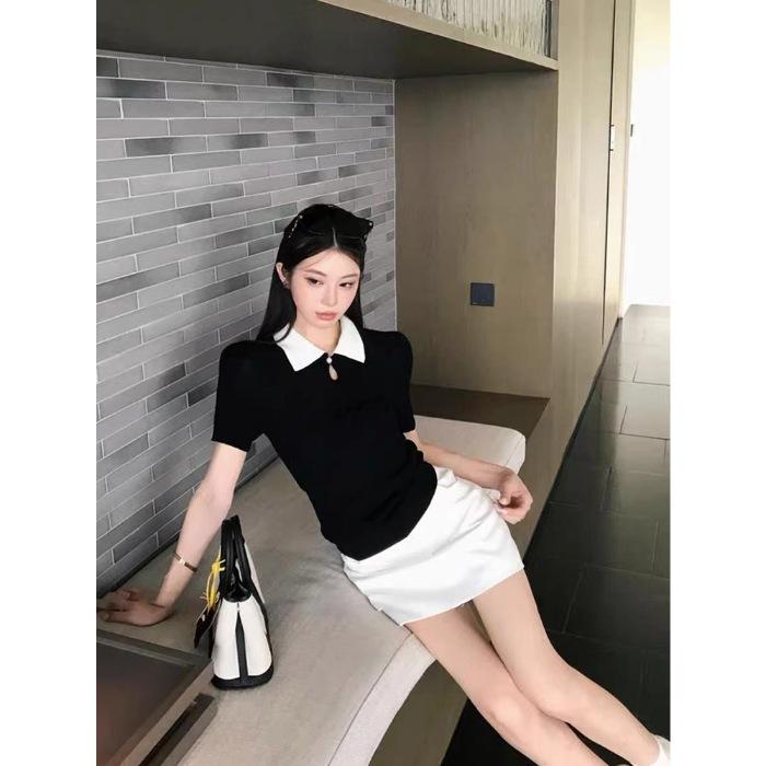 Korean contrasting color lapel neck front shoulder short-sleeved T-shirt women's summer fashion simple design slim-fitting versatile temperament top