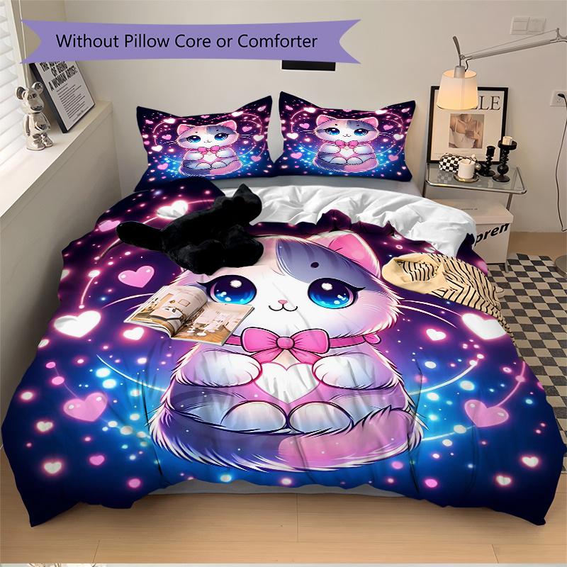 3pcs Sweet Love Cat Design Pattern Bedding Three-Piece Set (1 Cover + 2 Pillowcases, No Fillings), This Printed Bedding Set Is Soft and Comfortab