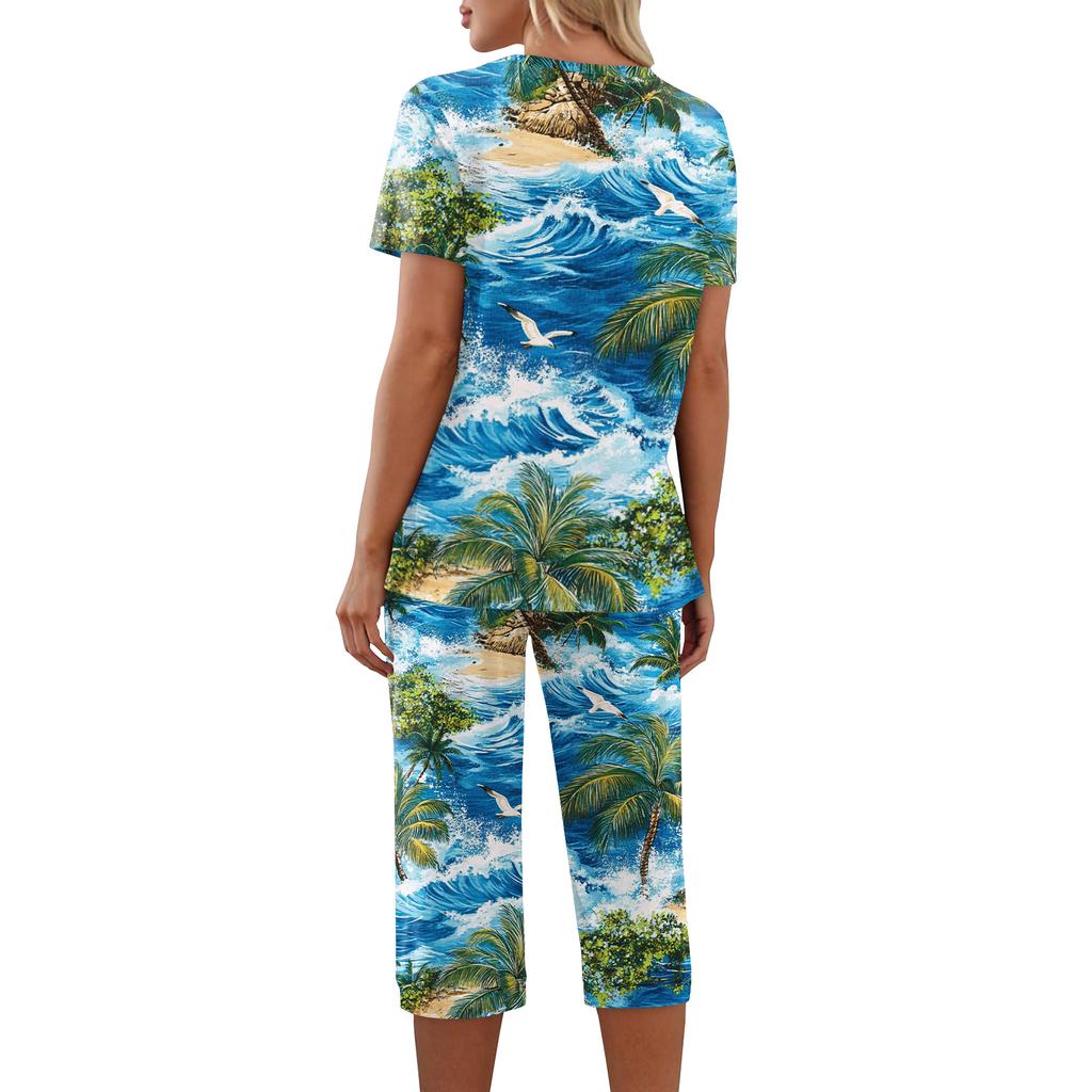 2 Piece Sets For Women Short Sleeve Top And Pants With Pockets Workout Soft Print Sets