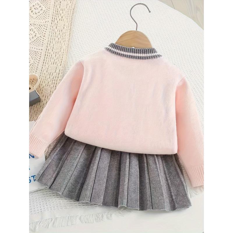 New Girls' Sweater Set - British College Style Knitted Cardigan & Trendy Pleated Skirt Two-Piece, for Outdoor