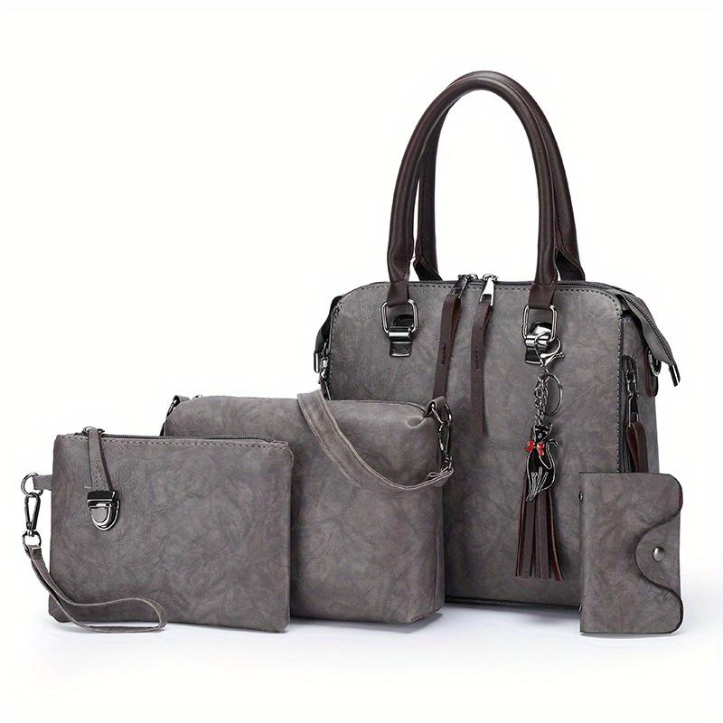 4 In 1 Retro Fashion Handbags Set For Women, Large-capacity Tote Shoulder Bag With Keychain Decor