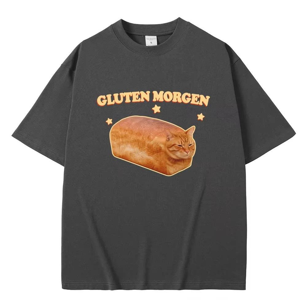 Gluten Morgen Funny Cat Meme Tshirt Silly Cats Humor Tee Vintage Cotton Oversized Unisex Unisex Trendy Ladies Streetwear Tops